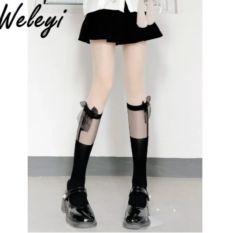 1Pair/2Pairs Silk Stitching Calf Socks Women's Bow Lolita Fashion Sexy Socks