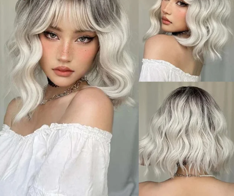 1PC Bob Wavy Synthetic Wigs with Bangs Short Cosplay Lolita Wigs for Women Afro DaiIy Natural Heat Resistant Fake Hair