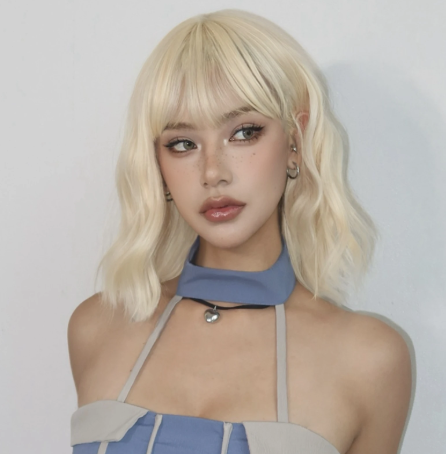 1PC Bob Wavy Synthetic Wigs with Bangs Short Cosplay Lolita Wigs for Women Afro DaiIy Natural Heat Resistant Fake Hair