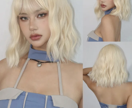 1PC Bob Wavy Synthetic Wigs with Bangs Short Cosplay Lolita Wigs for Women Afro DaiIy Natural Heat Resistant Fake Hair