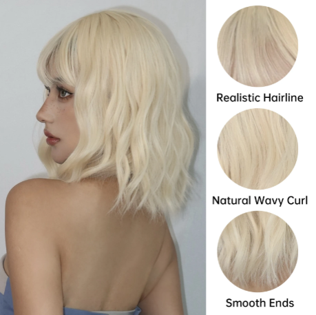1PC Bob Wavy Synthetic Wigs with Bangs Short Cosplay Lolita Wigs for Women Afro DaiIy Natural Heat Resistant Fake Hair