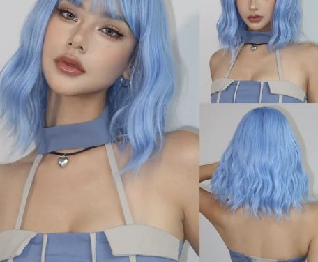 1PC Bob Wavy Synthetic Wigs with Bangs Short Cosplay Lolita Wigs for Women Afro DaiIy Natural Heat Resistant Fake Hair