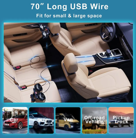 12V Auto Headrest Ventilation Fan USB Charging Car Neck Cooler 360 Degree Rotation Electric Car Cooling Fan for Vehicle SUV