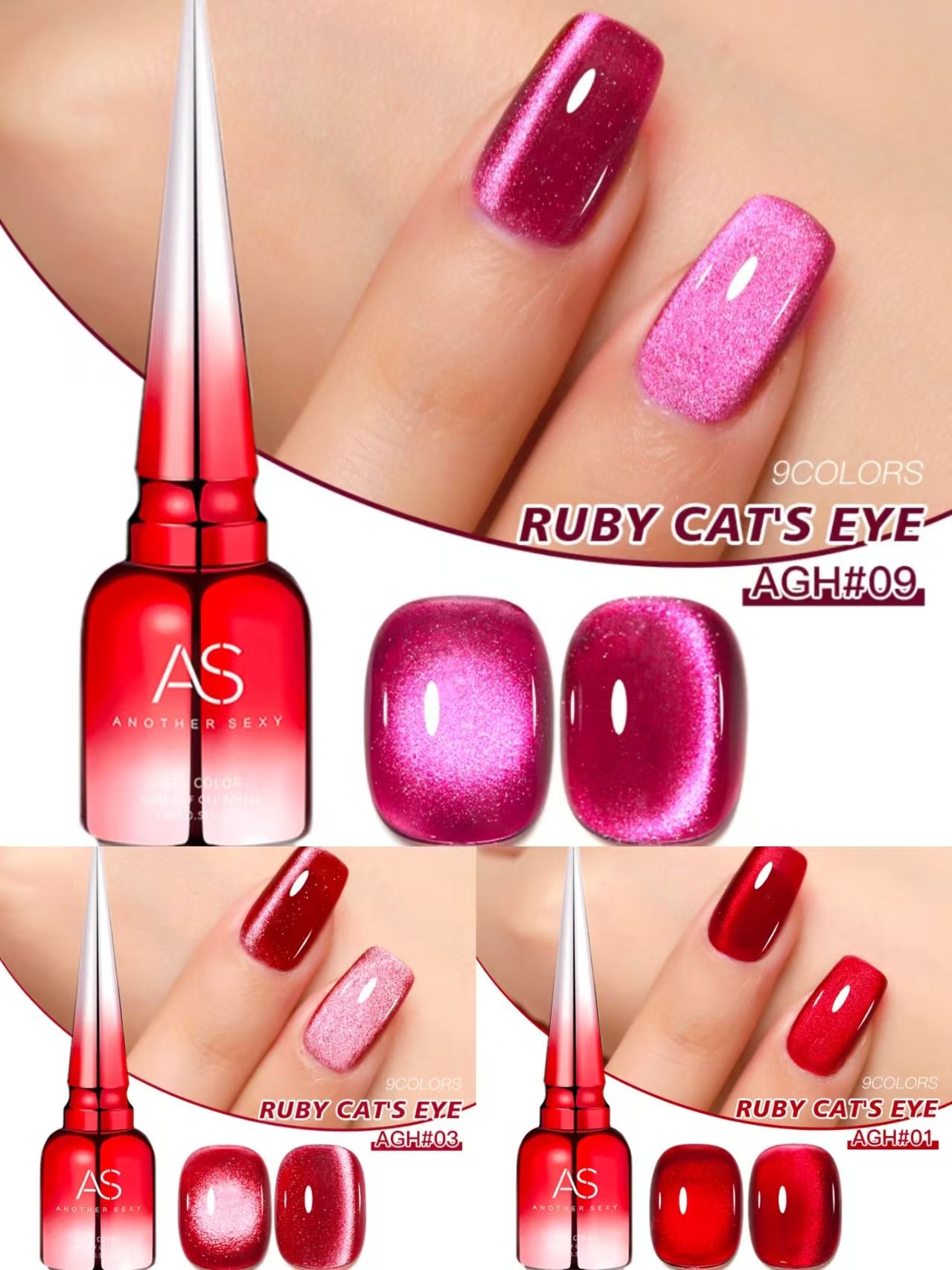 3PCS Gemstone Red Cat Eye Gel Nail Polish Oil Gel Autumn/Winter New Style Dynamic Broken Diamond New Year Color Crystal Cat Eye Nail Art