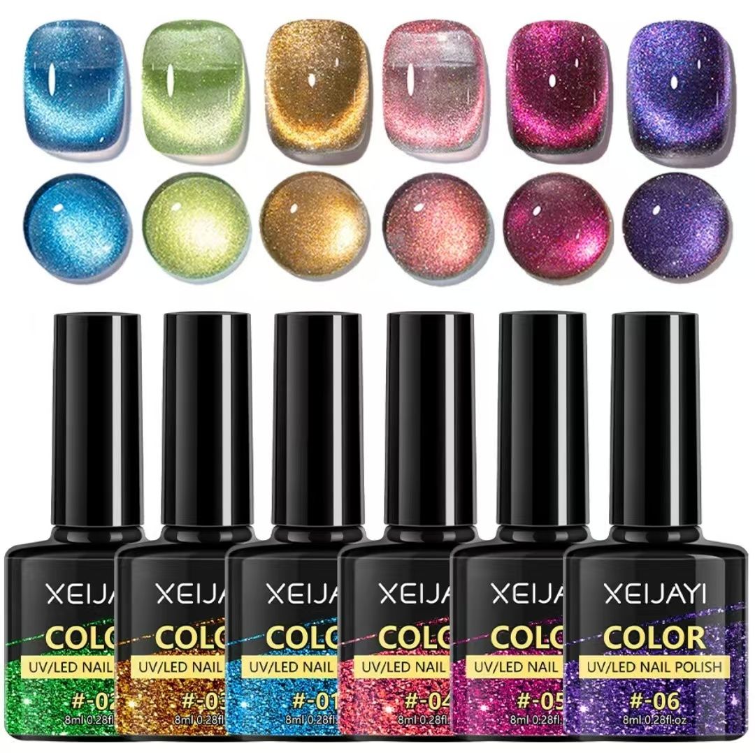 6PCS Cat's Eye Nail Polish Glitter Summer Popular Cat's Eye Gel Varnish Soak UV Gel Nail Polish