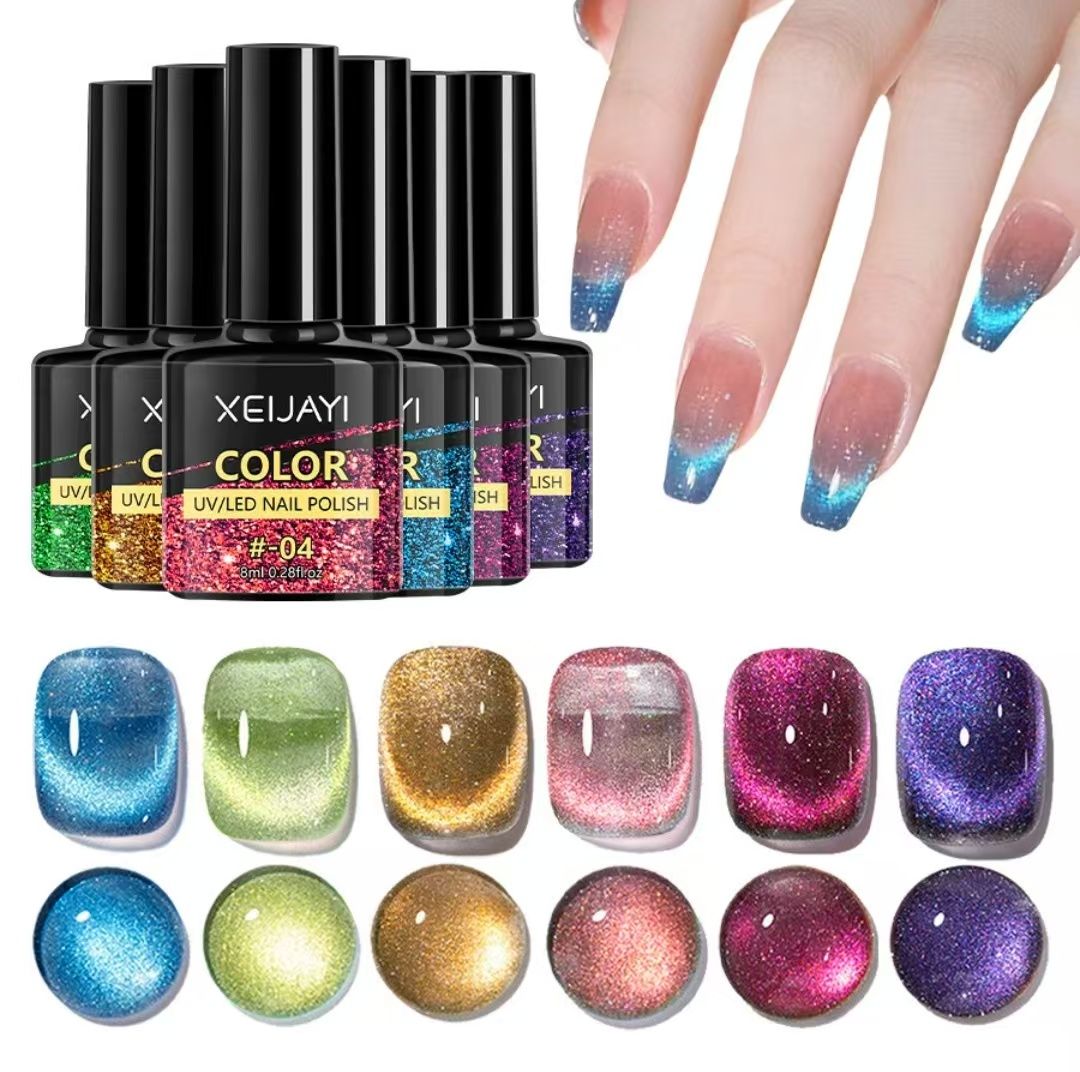 6PCS Cat's Eye Nail Polish Glitter Summer Popular Cat's Eye Gel Varnish Soak UV Gel Nail Polish