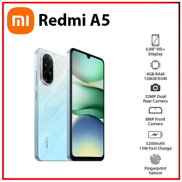 [Latest Arrival !!!] Redmi A5 Display 6.88" - 4GB + 128GB, Dual SIM ,32MP main camera, 8MP front camera , 5200mAh battery , Side fingerprint sensor , USB Type-C Phones SmartPhone