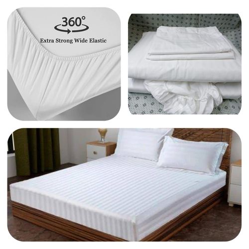 CLEARANCE OFFER Cotton Solid/Stripes Fitted Bedsheet Set, 5pc White Fitted Bedsheets 6*7, Fitted Bed Sheet Set, Elasticated Bedsheets