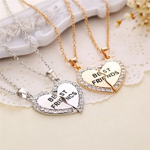 New Arrivals 2 Pcs/Set Best Friends Necklace Heart-shaped Zircon Inlaid Love Pendant Jewelry Beautiful Heart Pendant Alloy Diamond Necklace Collar Party Jewelry Accessories Gift