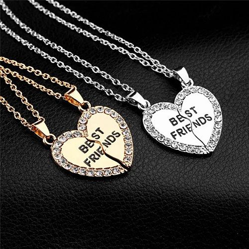 New Arrivals 2 Pcs/Set Best Friends Necklace Heart-shaped Zircon Inlaid Love Pendant Jewelry Beautiful Heart Pendant Alloy Diamond Necklace Collar Party Jewelry Accessories Gift