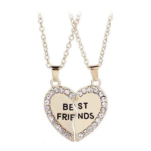 New Arrivals 2 Pcs/Set Best Friends Necklace Heart-shaped Zircon Inlaid Love Pendant Jewelry Beautiful Heart Pendant Alloy Diamond Necklace Collar Party Jewelry Accessories Gift Gold