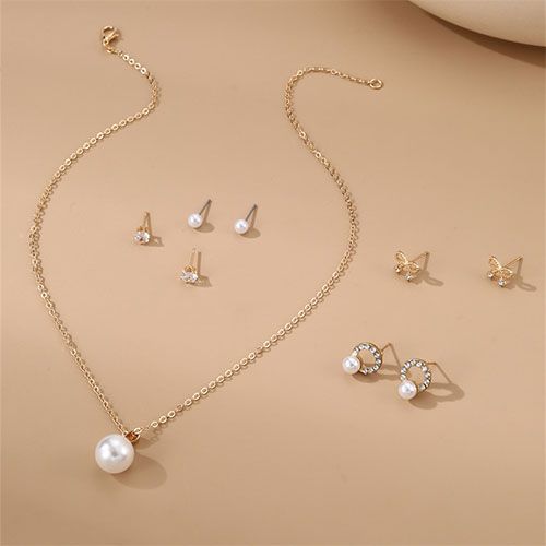 9pcs Earrings Pendant Set Pearl Earrings Necklaces Pendants Creative New Personality Pearl Chain Fashion Jewelry Sets White Pearl Diamond Beautiful Girls Women's Jewellery Valentine's Day gite