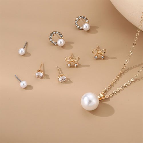 9pcs Earrings Pendant Set Pearl Earrings Necklaces Pendants Creative New Personality Pearl Chain Fashion Jewelry Sets White Pearl Diamond Beautiful Girls Women's Jewellery Valentine's Day gite