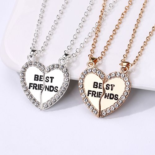 New Arrivals 2 Pcs/Set Best Friends Necklace Heart-shaped Zircon Inlaid Love Pendant Jewelry Beautiful Heart Pendant Alloy Diamond Necklace Collar Party Jewelry Accessories Gift