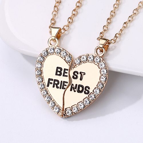 New Arrivals 2 Pcs/Set Best Friends Necklace Heart-shaped Zircon Inlaid Love Pendant Jewelry Beautiful Heart Pendant Alloy Diamond Necklace Collar Party Jewelry Accessories Gift