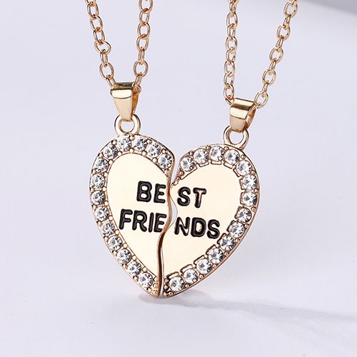 New Arrivals 2 Pcs/Set Best Friends Necklace Heart-shaped Zircon Inlaid Love Pendant Jewelry Beautiful Heart Pendant Alloy Diamond Necklace Collar Party Jewelry Accessories Gift