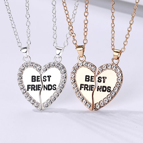 New Arrivals 2 Pcs/Set Best Friends Necklace Heart-shaped Zircon Inlaid Love Pendant Jewelry Beautiful Heart Pendant Alloy Diamond Necklace Collar Party Jewelry Accessories Gift