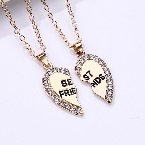 New Arrivals 2 Pcs/Set Best Friends Necklace Heart-shaped Zircon Inlaid Love Pendant Jewelry Beautiful Heart Pendant Alloy Diamond Necklace Collar Party Jewelry Accessories Gift