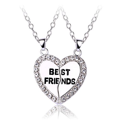 New Arrivals 2 Pcs/Set Best Friends Necklace Heart-shaped Zircon Inlaid Love Pendant Jewelry Beautiful Heart Pendant Alloy Diamond Necklace Collar Party Jewelry Accessories Gift