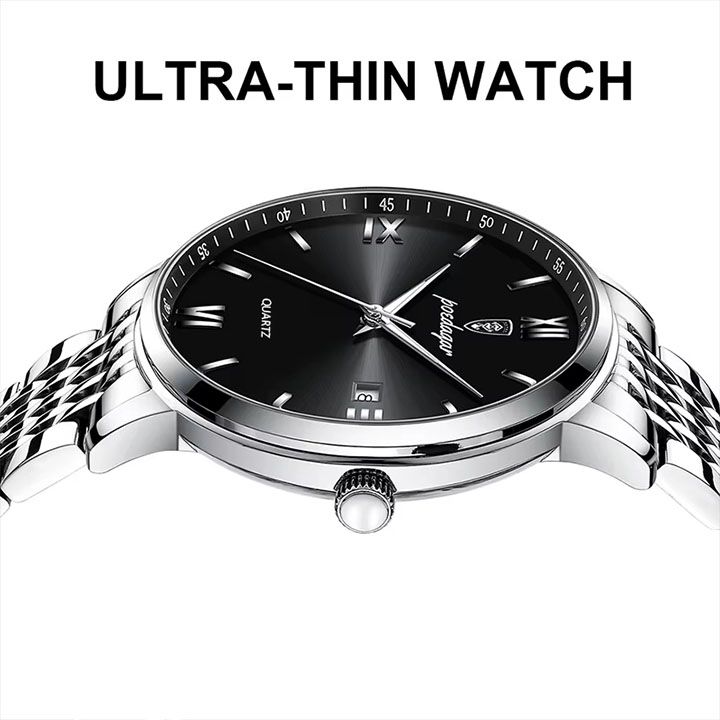 POEDAGAR Men watches Waterproof Luminous Date Week Men's Quartz Dual Calendar Wristwatch Stainless Steel Fashion Sports Men Watches High Quality Quartz Clock Business Men's Watches