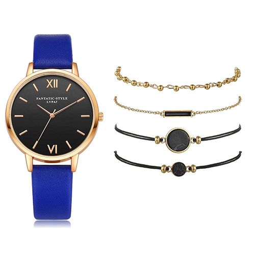 5pcs Quartz Watch Set Ladies Elegant Gemstone Bracelet Quartz Wristwatch Women Leather Quartz Watches Bracelet Set Clock Gift
