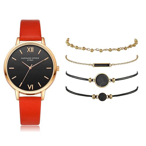 5pcs Quartz Watch Set Ladies Elegant Gemstone Bracelet Quartz Wristwatch Women Leather Quartz Watches Bracelet Set Clock Gift