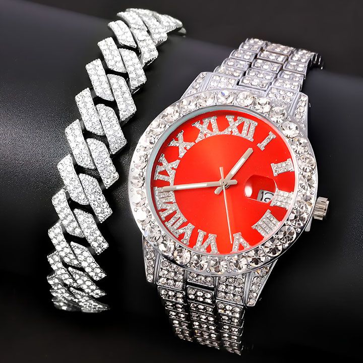 3pcs Men's Watch Set Necklace+Watch+Bracelet Rapper Cuban Chain For Men African Full Iced Out Watch, Jewelry Inlay Diamond Watch Big Chains Hip Hop With Strap Adjuster Stylish Jewelry Gift Set