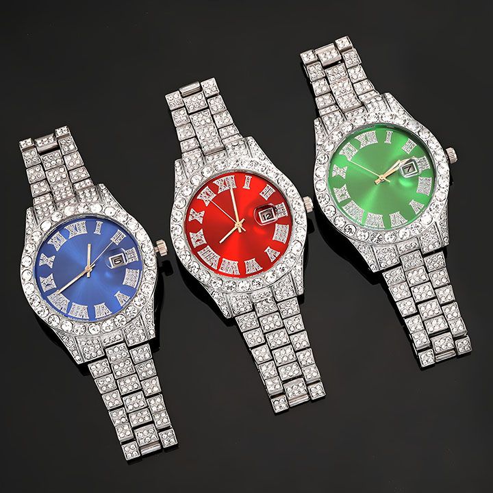 3pcs Men's Watch Set Necklace+Watch+Bracelet Rapper Cuban Chain For Men African Full Iced Out Watch, Jewelry Inlay Diamond Watch Big Chains Hip Hop With Strap Adjuster Stylish Jewelry Gift Set