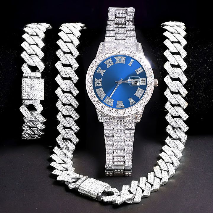 3pcs Men's Watch Set Necklace+Watch+Bracelet Rapper Cuban Chain For Men African Full Iced Out Watch, Jewelry Inlay Diamond Watch Big Chains Hip Hop With Strap Adjuster Stylish Jewelry Gift Set