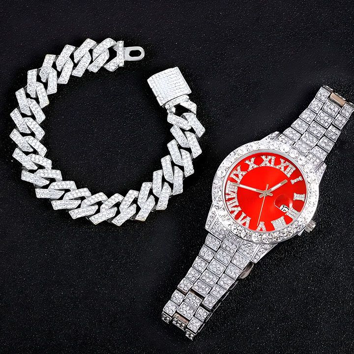 3pcs Men's Watch Set Necklace+Watch+Bracelet Rapper Cuban Chain For Men African Full Iced Out Watch, Jewelry Inlay Diamond Watch Big Chains Hip Hop With Strap Adjuster Stylish Jewelry Gift Set