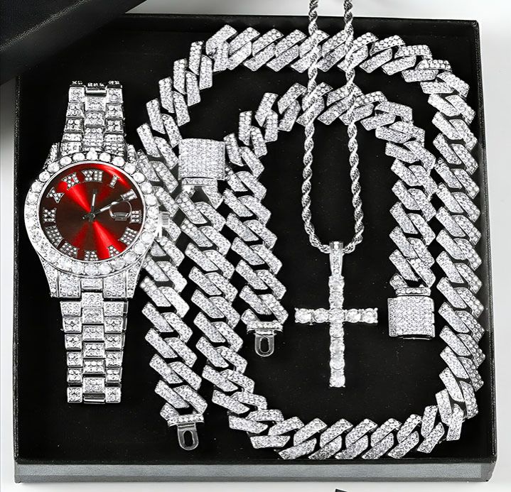 Iced Out Luxury Popular set Watch+Bracelet+Necklace With Gift Box Cuban Chain Cross Pendent Jewelry HipHop Style For Men Women