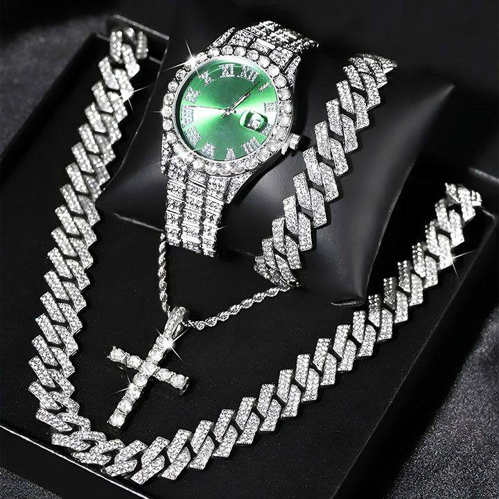 Iced Out Luxury Popular set Watch+Bracelet+Necklace With Gift Box Cuban Chain Cross Pendent Jewelry HipHop Style For Men Women