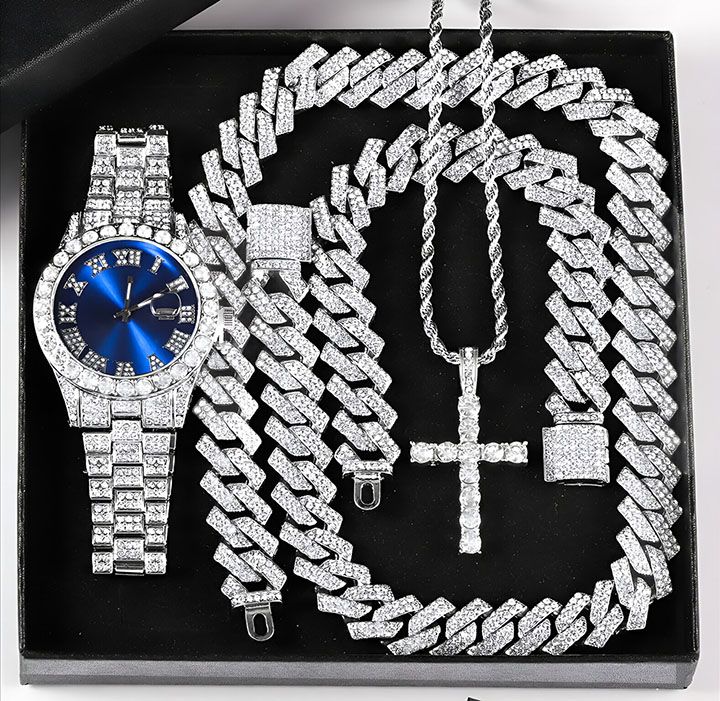 Iced Out Luxury Popular set Watch+Bracelet+Necklace With Gift Box Cuban Chain Cross Pendent Jewelry HipHop Style For Men Women