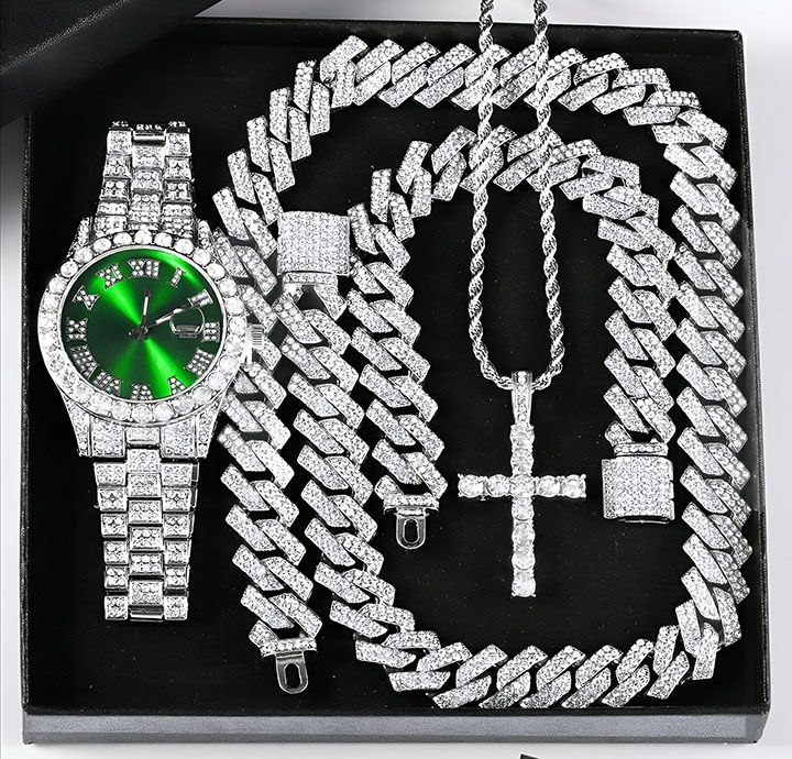 Iced Out Luxury Popular set Watch+Bracelet+Necklace With Gift Box Cuban Chain Cross Pendent Jewelry HipHop Style For Men Women
