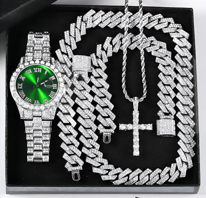 Iced Out Luxury Popular set Watch+Bracelet+Necklace With Gift Box Cuban Chain Cross Pendent Jewelry HipHop Style For Men Women