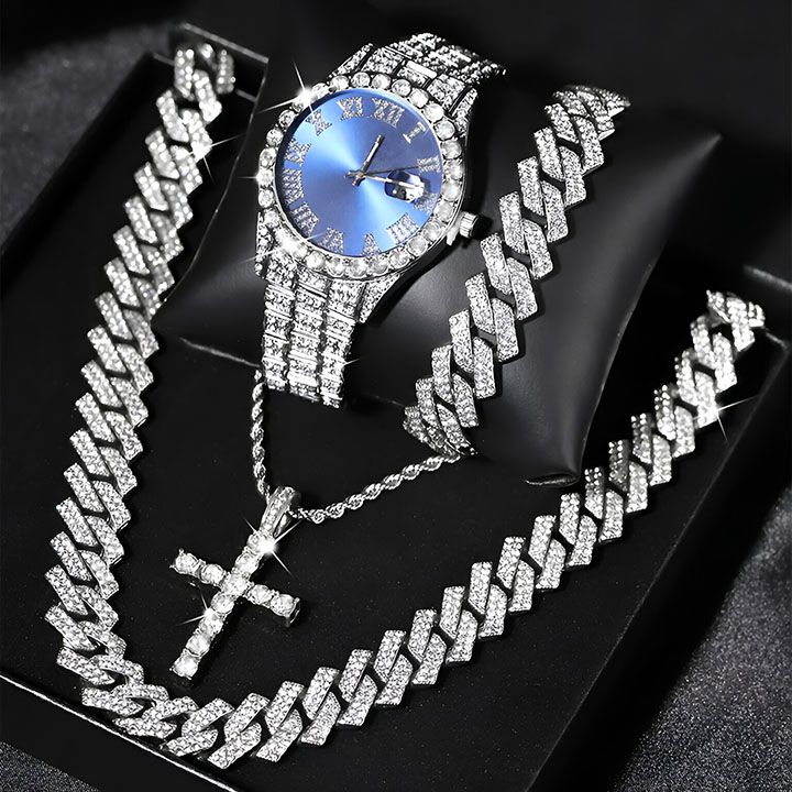 Iced Out Luxury Popular set Watch+Bracelet+Necklace With Gift Box Cuban Chain Cross Pendent Jewelry HipHop Style For Men Women