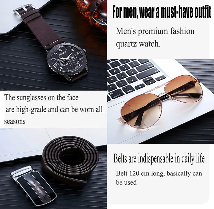 Men Gift Box Set Creative Watches Automatic Buckle Belt Purse Sunglasses Luxury Gifts Set Quartz watch Leather Belt Leather Wallet Creative Holiday Combo Set Christmas Gift Valentines Gifts