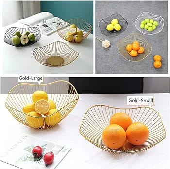 Metal Fruit Basket, Modern Round Stripes Openwork Storage Fruit Bowl for Fruit, Snack, Bread, Vegetables-Mesh Basket