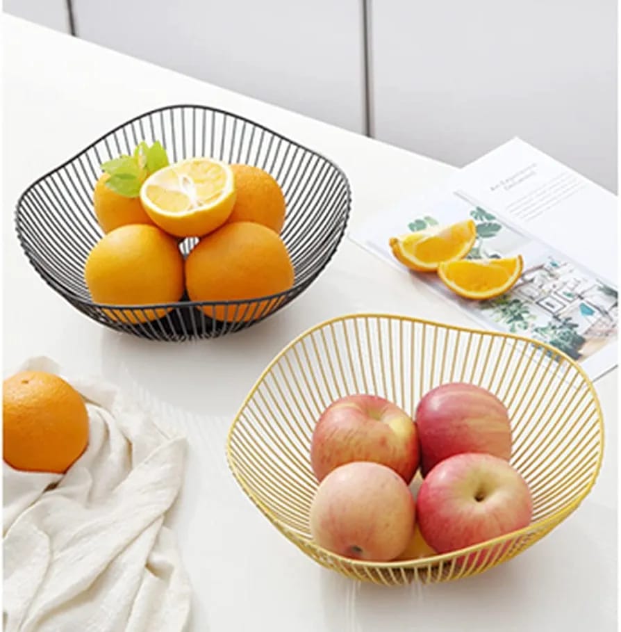 Metal Fruit Basket, Modern Round Stripes Openwork Storage Fruit Bowl for Fruit, Snack, Bread, Vegetables-Mesh Basket