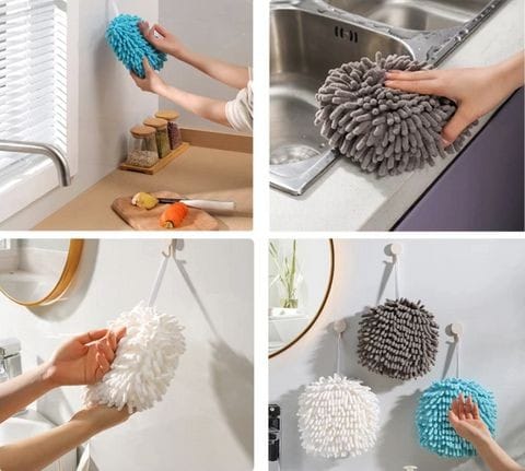 Soft Handle Chenille Hand Drying Hanging Ball Towels Microfiber Fluffy Quick Dry Plush Absorbent Towels with Loop for Bathroom and Kitchen Washstand Decorative