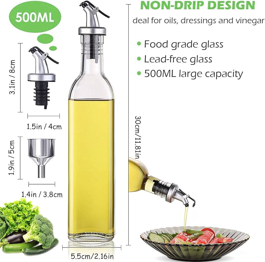 500ml Glass Olive Oil Vinegar Dispenser Gravy Boat Kitchen Oil Bottle Stainless Steel Leak-Proof Soy Sauce Vinegar Storage, Oil Bottle, Oil Dispenser, Oil Dispenser for Kitchen