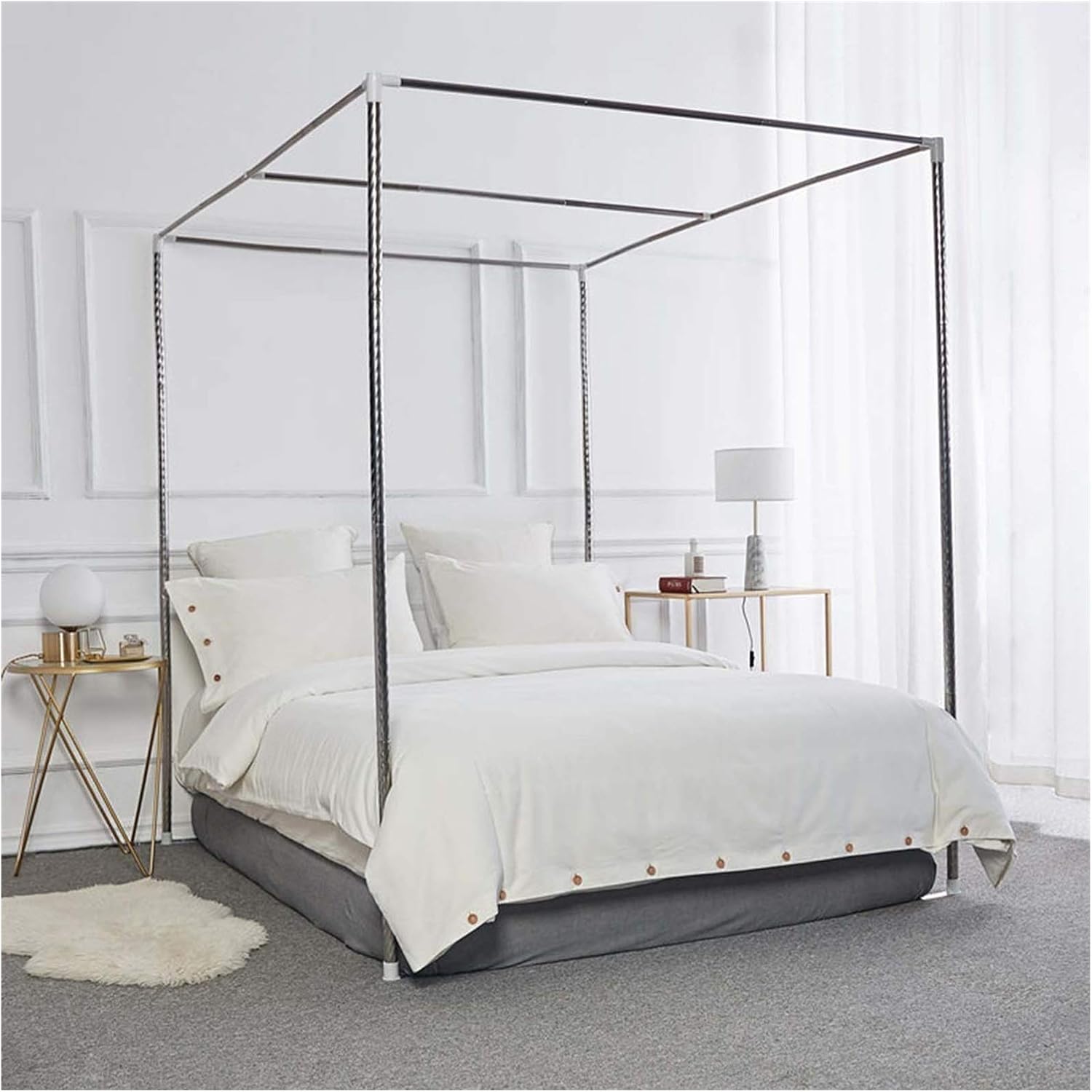 Mosquito Net 4 Corner Stainless Steel Bedding Canopy Frame Post Fit, Thickened Metal Canopy Frame Poles，Four Corner Bed Bracket Fit