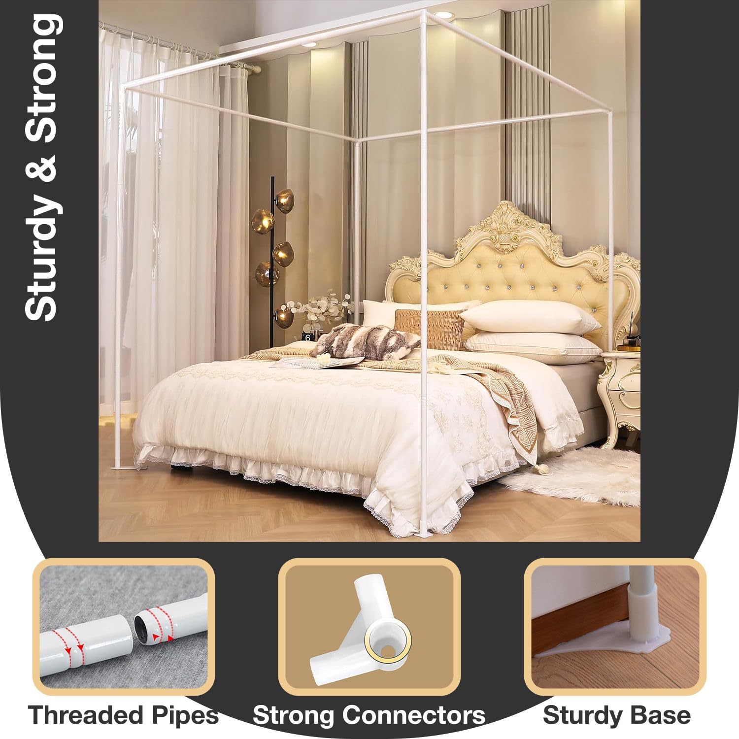 Mosquito Net 4 Corner Stainless Steel Bedding Canopy Frame Post Fit, Thickened Metal Canopy Frame Poles，Four Corner Bed Bracket Fit