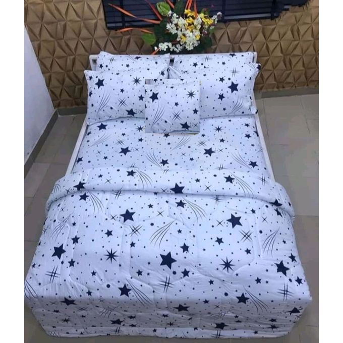 4Pcs Warm White & Blue Duvet With Star Print, (1 Duvet 1 Bedsheet and 2 Pillowcases Bedding sets)