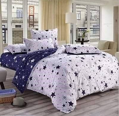 4Pcs Warm White & Blue Duvet With Star Print, (1 Duvet 1 Bedsheet and 2 Pillowcases Bedding sets)