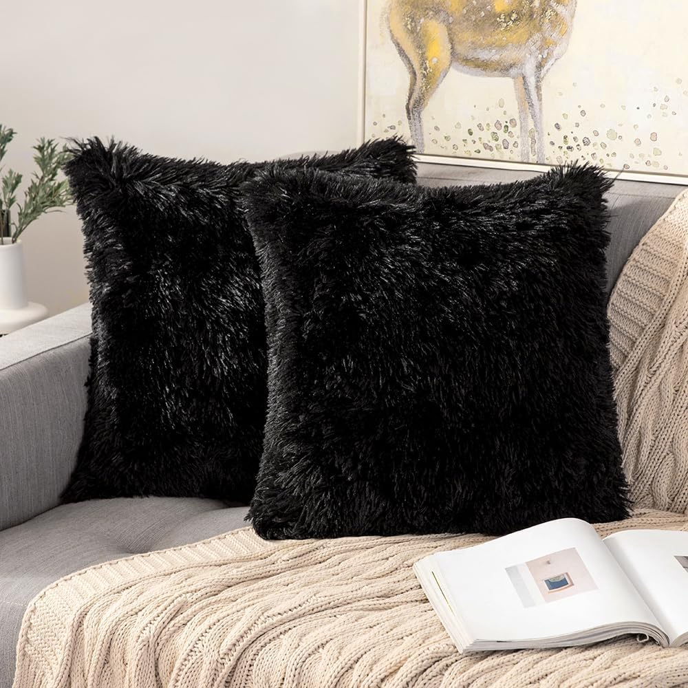 Pack of 2Pcs Throw Pillow Covers Luxury Fluffy Pillows Faux Fur Decorative Pillows Plush Cushion Case Fuzzy Mongolian Merin Style for Bed Couch Sofa Living Room Home Decor