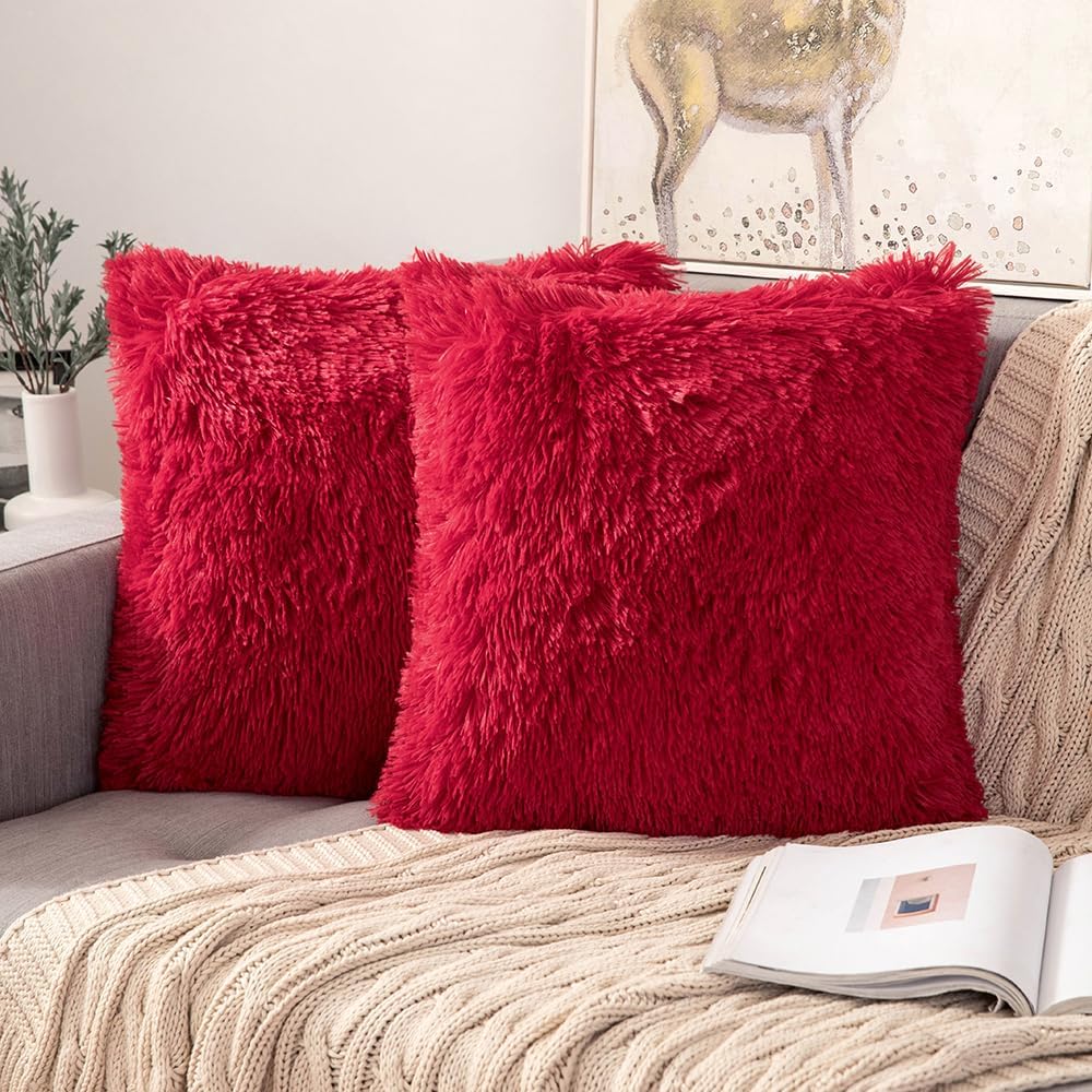 Pack of 2Pcs Throw Pillow Covers Luxury Fluffy Pillows Faux Fur Decorative Pillows Plush Cushion Case Fuzzy Mongolian Merin Style for Bed Couch Sofa Living Room Home Decor