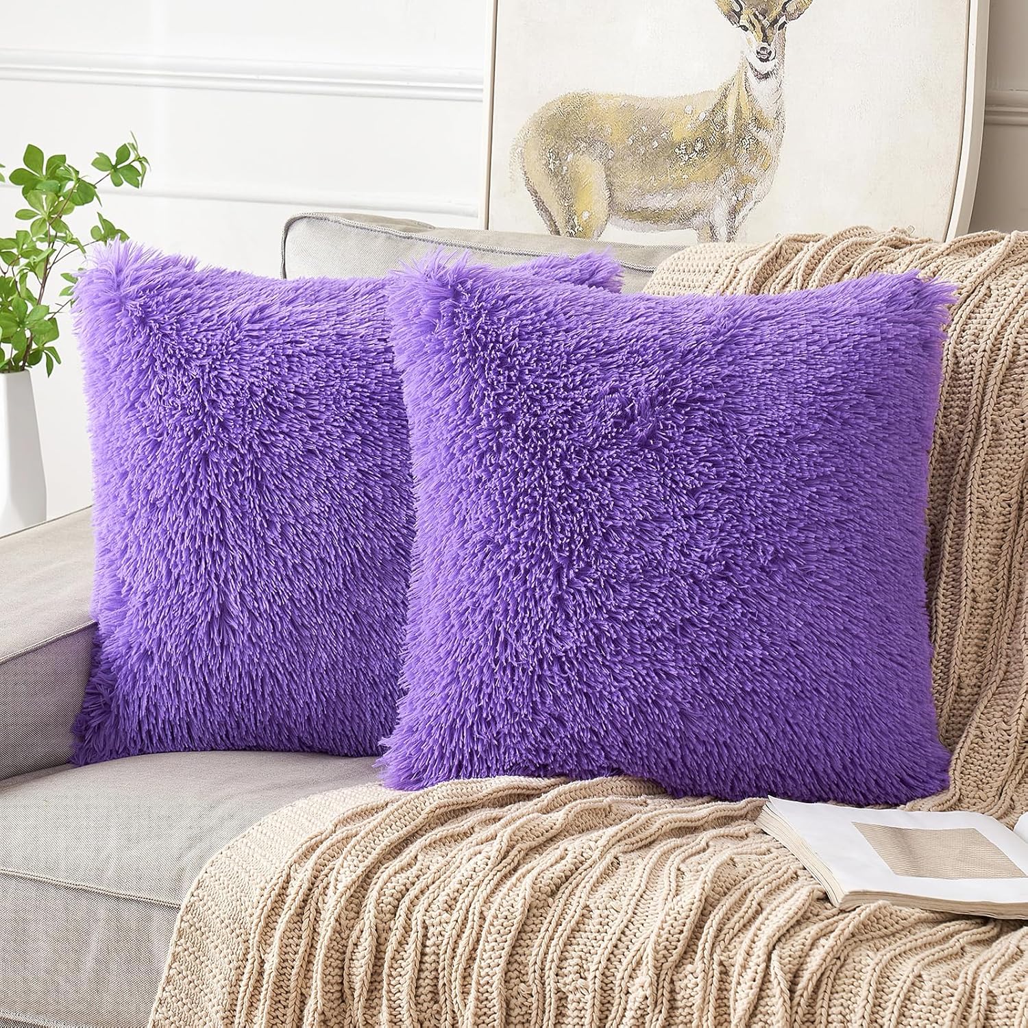 Pack of 2Pcs Throw Pillow Covers Luxury Fluffy Pillows Faux Fur Decorative Pillows Plush Cushion Case Fuzzy Mongolian Merin Style for Bed Couch Sofa Living Room Home Decor