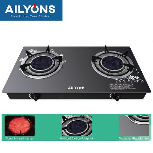 CLEARANCE OFFER AILYONS GS005A-1, 2 Burner Glass Top Gas Cooker & Infrared Double Burner