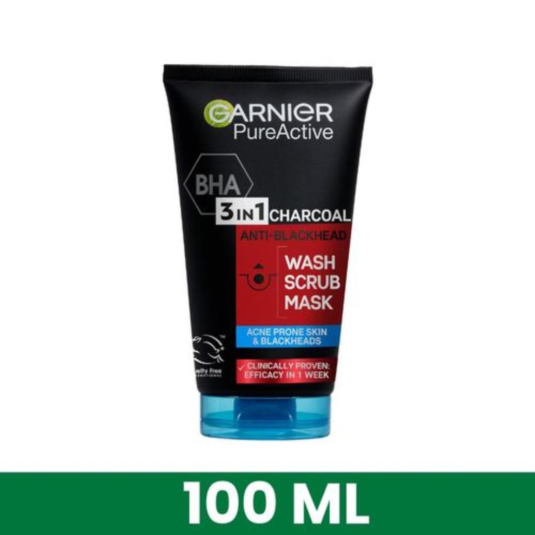 Garnier Pure Active 3-in-1 Anti Blackhead, Wash, Scrub, Mask, with BHA (Salycilic Acid) and Charcoal for Acne Prone Skin and Blackheads, 50ml
